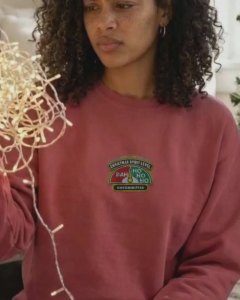 AI-styled video: Maya in the crimson Christmas Spirit Level sweatshirt gives up on tangled fairy lights and glances at the badge
