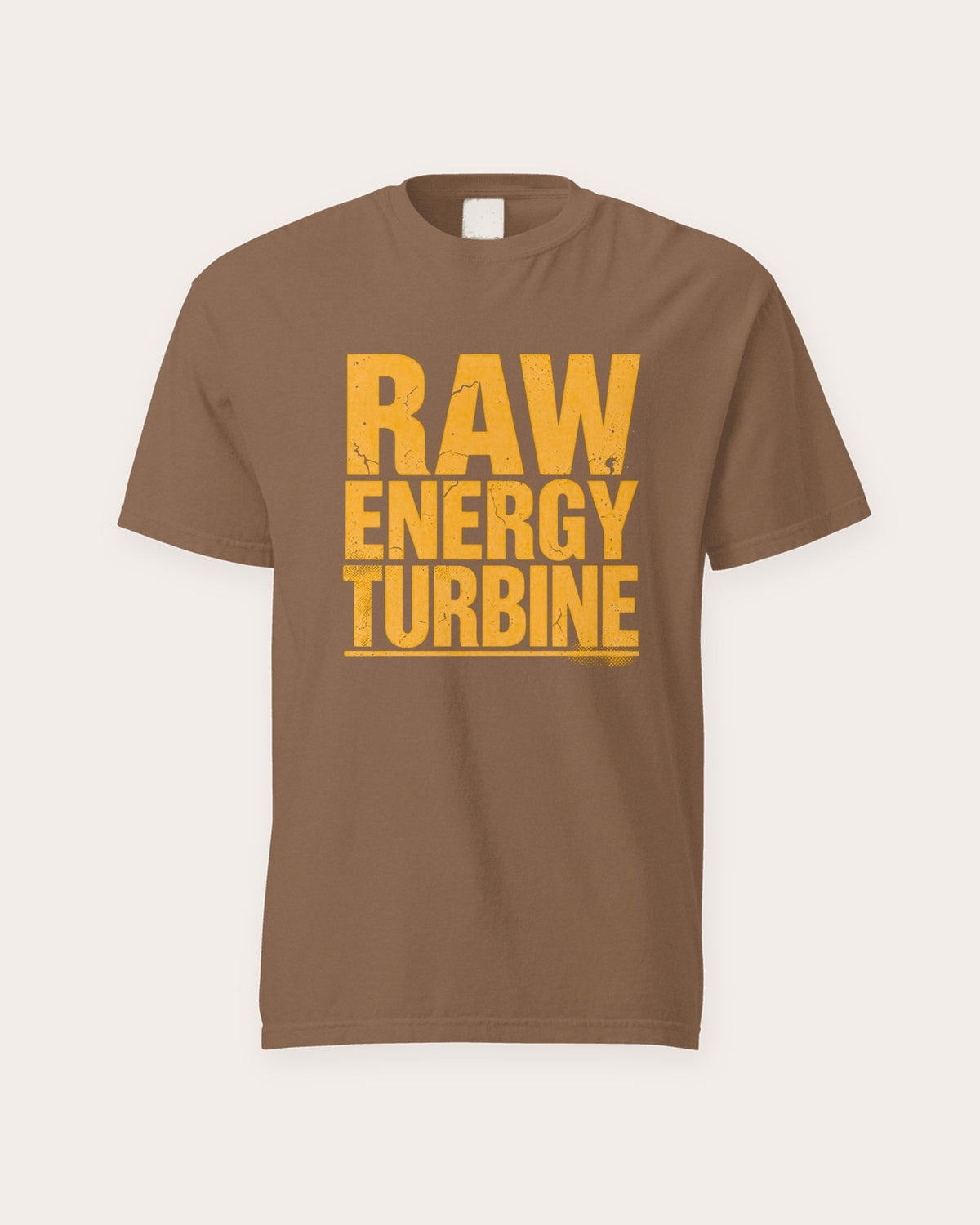 Raw Energy Turbine tee in Espresso, flat front view of the print