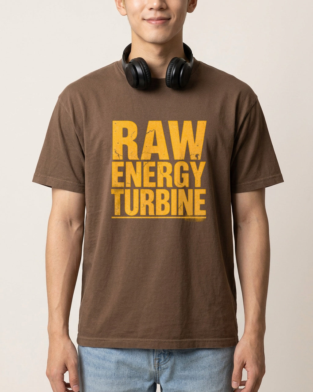Raw Energy Turbine tee in Espresso, worn, front view showing the print