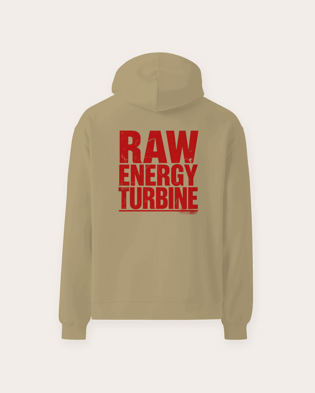 Raw Turbine Energy oversized hoodie in Sand, flat back view of the print