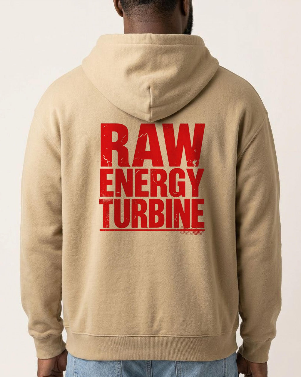 Raw Turbine Energy oversized hoodie, worn, back view showing the back print