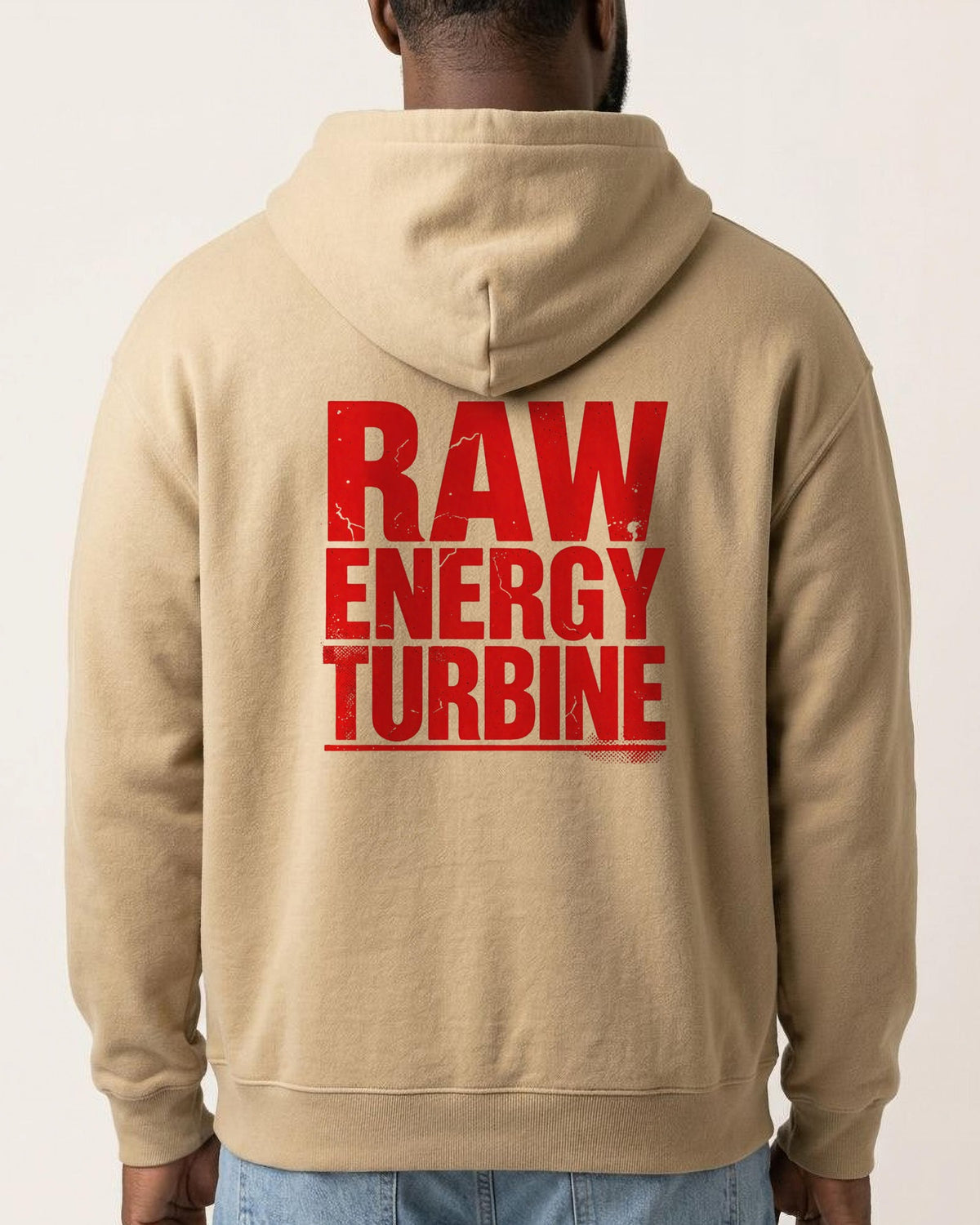 Raw Turbine Energy oversized hoodie, worn, back view showing the back print