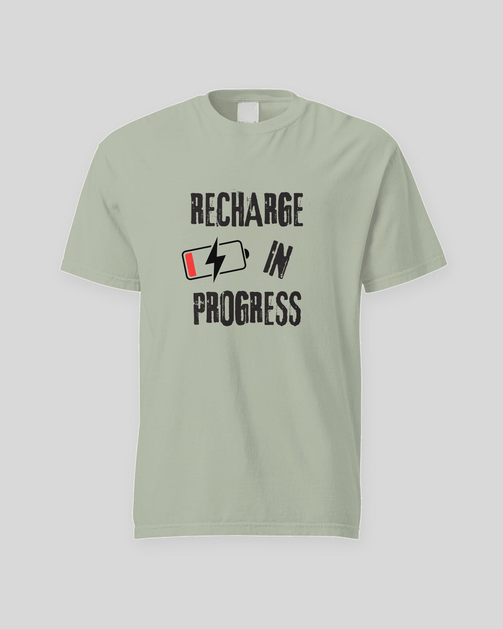 Recharge in Progress tee in Bay, flat front view of the print