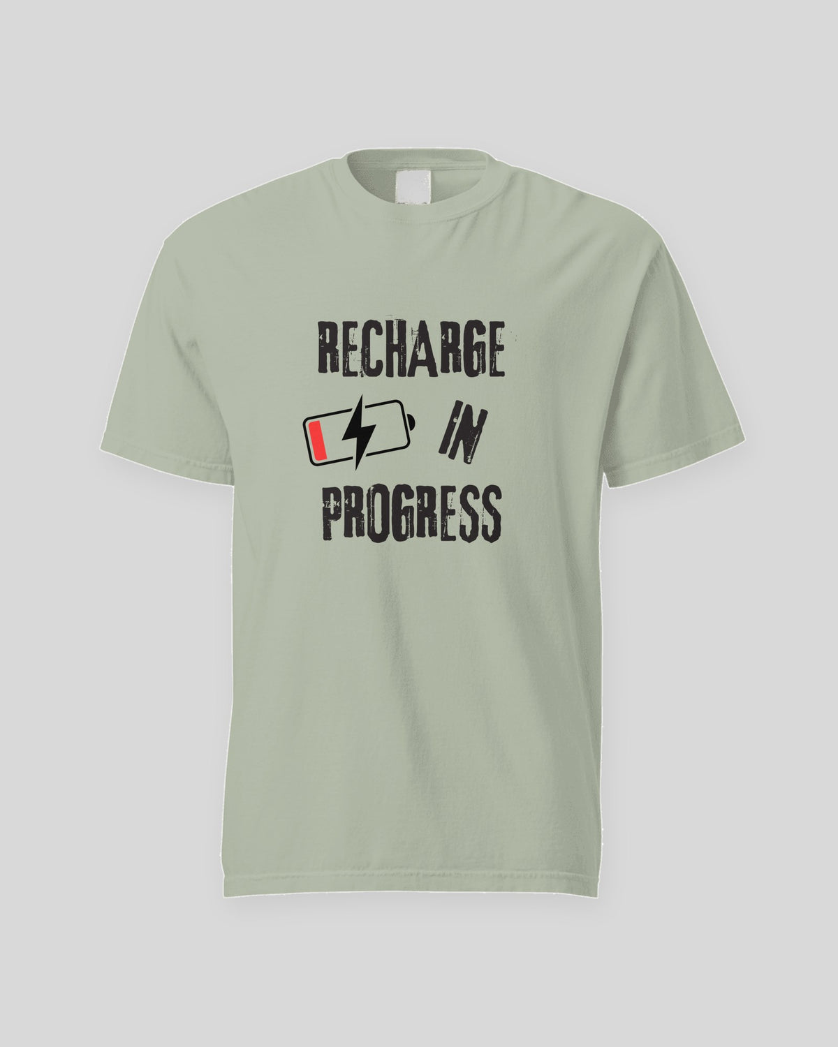 Recharge in Progress tee in Bay, flat front view of the print