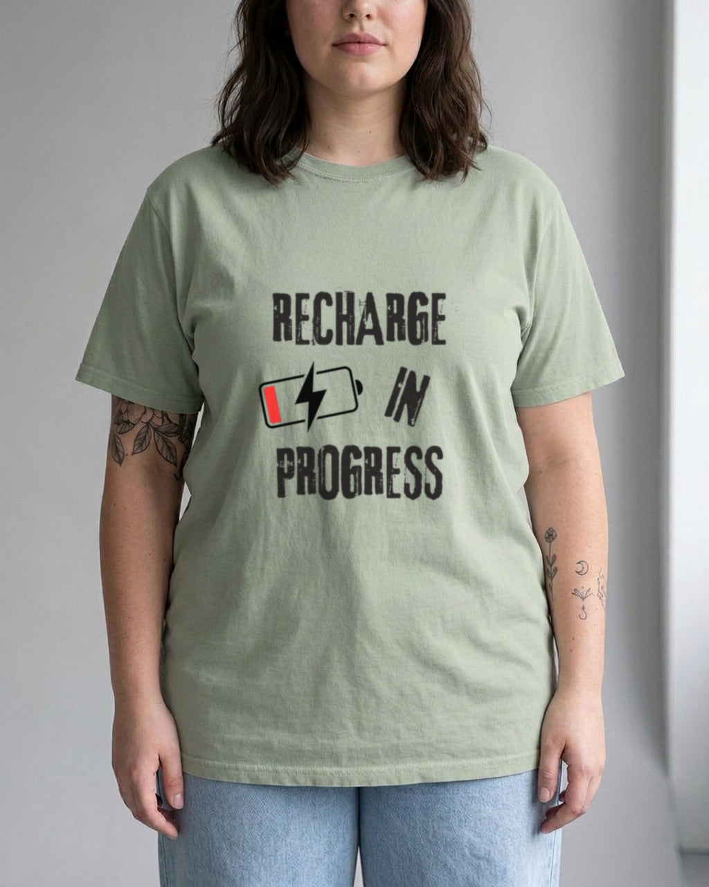 Recharge in Progress tee in Bay, worn, front view showing the print