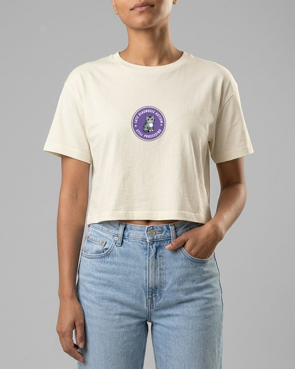 Still Processing (Autism) embroidered crop top in Natural, worn, full view