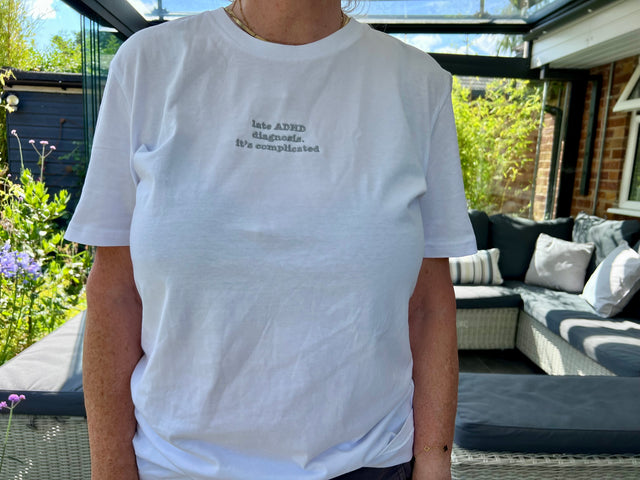 It's Complicated Phrase (ADHD) t-shirt, White, photographed by its owner