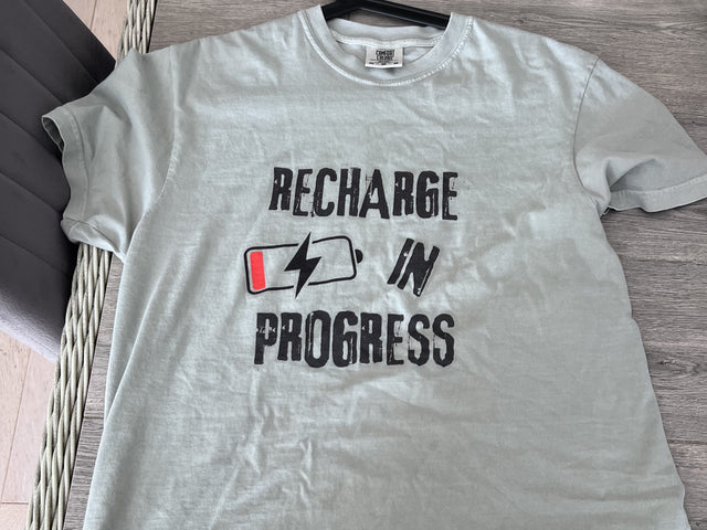 Recharge in Progress garment-dyed tee, Bay, photographed by its owner