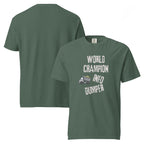 Champion Info-Dumper | Unisex Garment-Dyed Heavyweight Tee | Sass & Spoons unisex-garment-dyed-heavyweight-t-shirt-blue-spruce-front-and-back-69fa0ac257cf4 T-Shirt