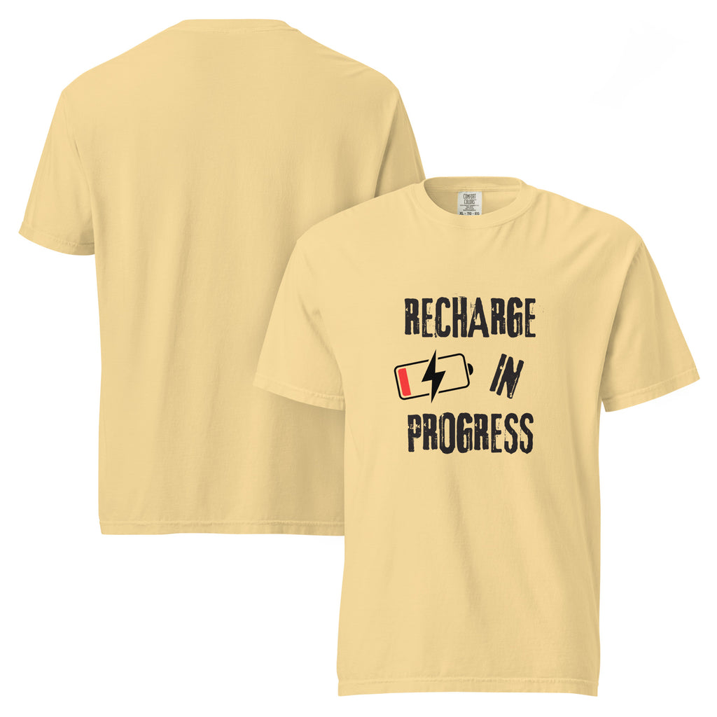 Recharge in Progress | Unisex Garment-Dyed Heavyweight Tee | Sass & Spoons unisex-garment-dyed-heavyweight-t-shirt-butter-front-and-back-69fa09a45c212 T-Shirt
