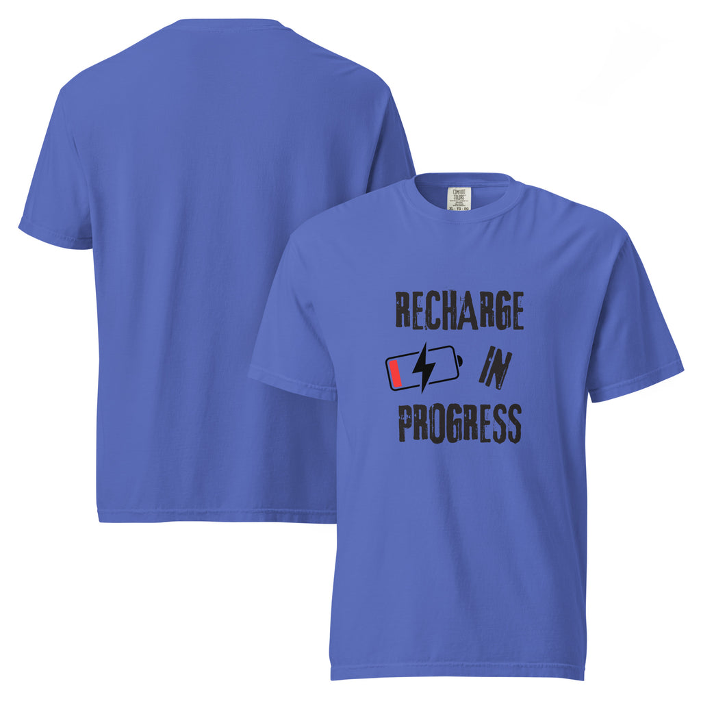 Recharge in Progress | Unisex Garment-Dyed Heavyweight Tee | Sass & Spoons unisex-garment-dyed-heavyweight-t-shirt-flo-blue-front-and-back-69fa09a45c29b T-Shirt