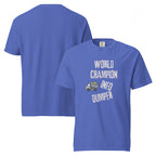 Champion Info-Dumper | Unisex Garment-Dyed Heavyweight Tee | Sass & Spoons unisex-garment-dyed-heavyweight-t-shirt-flo-blue-front-and-back-69fa0ac257e16 T-Shirt