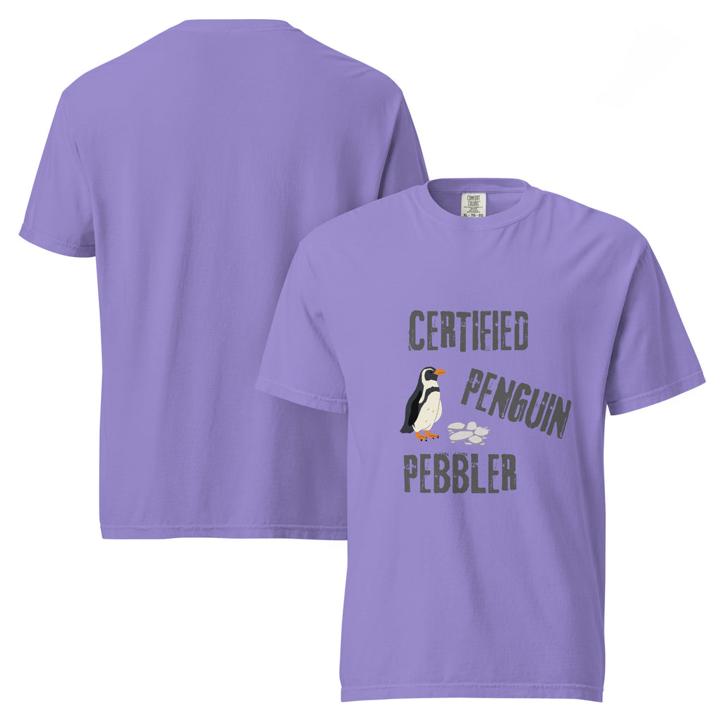 Certified Penguin Pebbler | Unisex Garment-Dyed Heavyweight Tee | Sass & Spoons unisex-garment-dyed-heavyweight-t-shirt-violet-front-and-back-69fa0da579bb2 T-Shirt