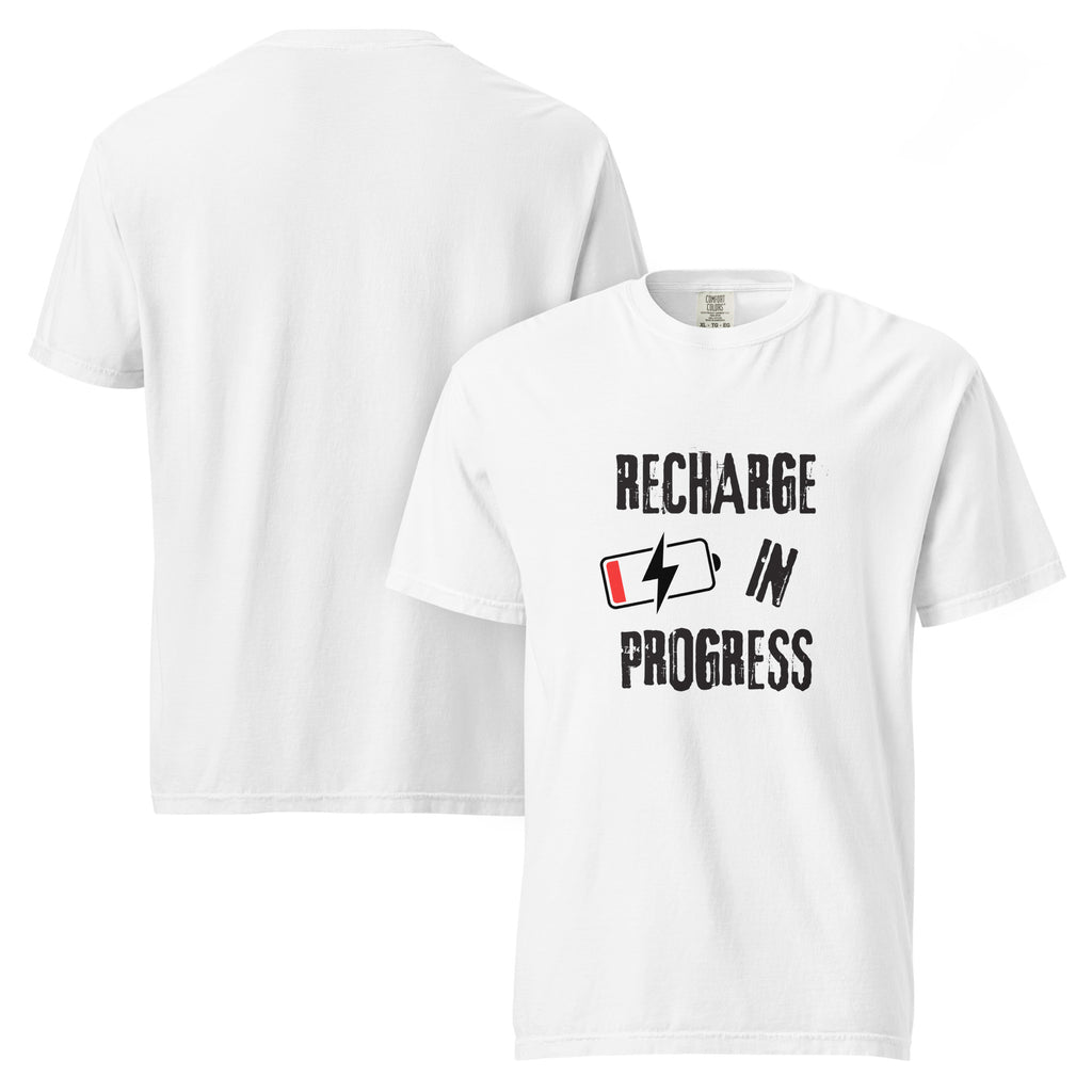 Recharge in Progress | Unisex Garment-Dyed Heavyweight Tee | Sass & Spoons unisex-garment-dyed-heavyweight-t-shirt-white-front-and-back-69fa09a45c5c0 T-Shirt