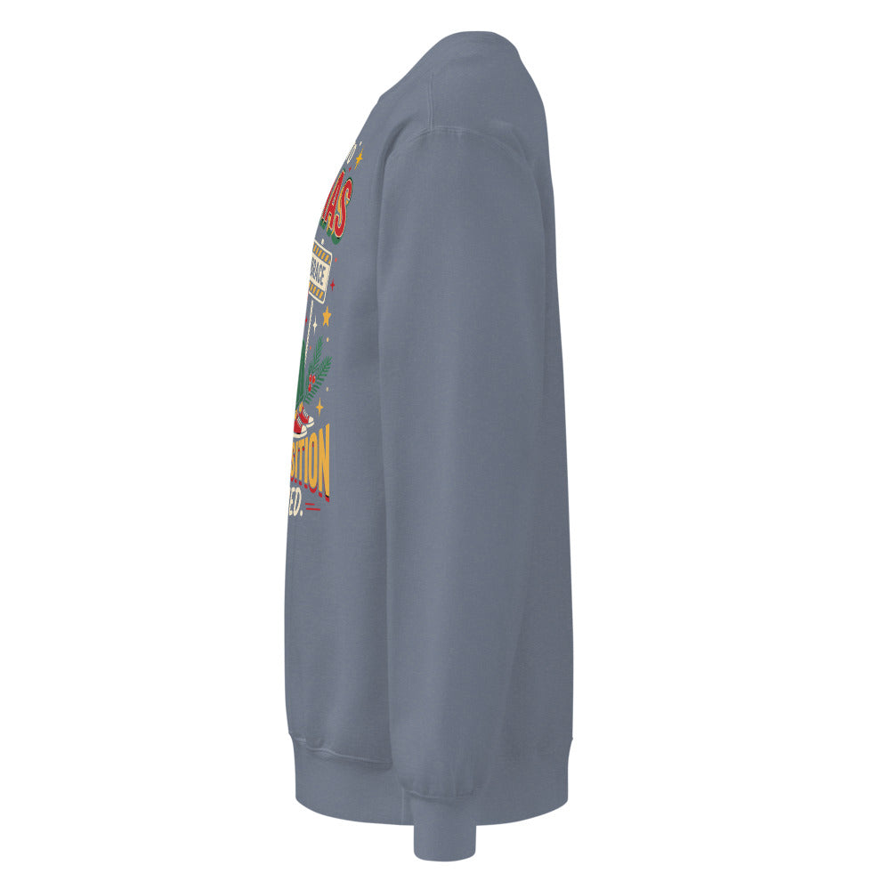 Christmas Countdown: Brace Position sweatshirt in Blue Jean, left side view of the printed design