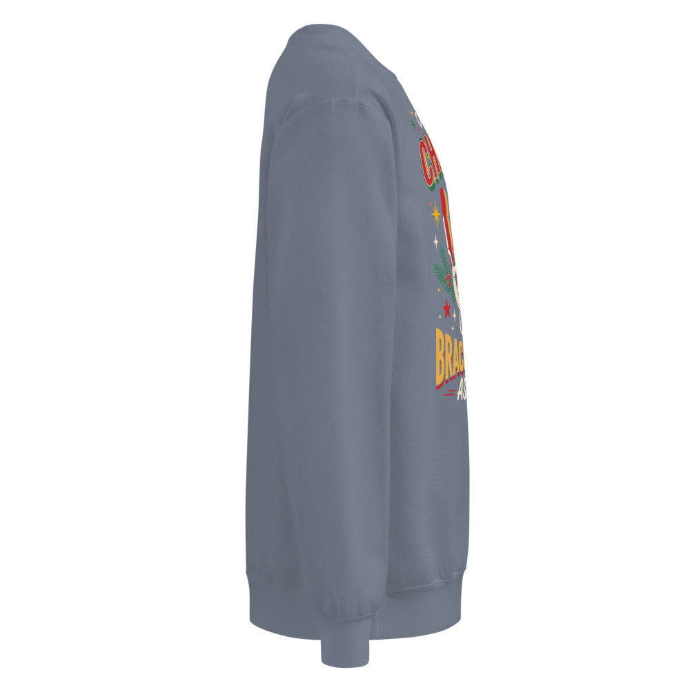 Christmas Countdown: Brace Position sweatshirt in Blue Jean, right side view of the printed design