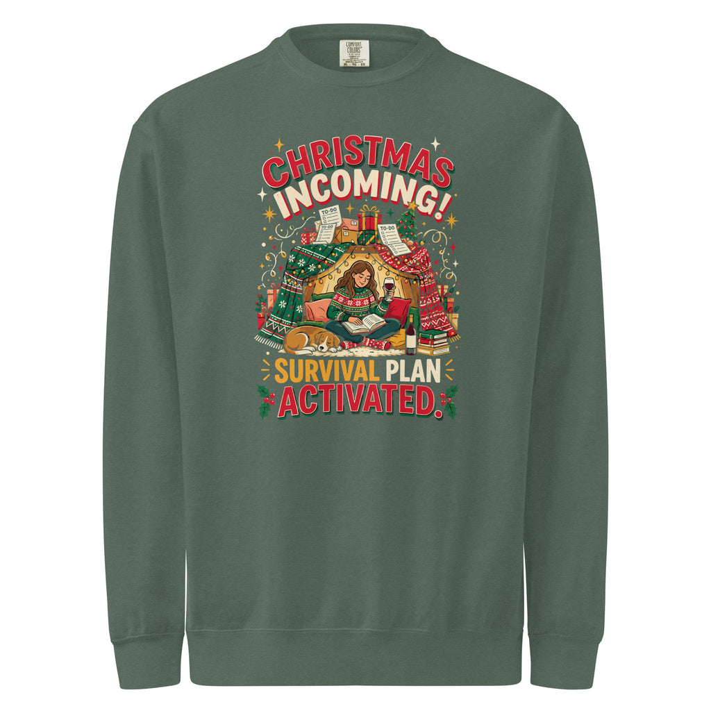 Christmas Incoming: Survival Plan Activated sweatshirt in Blue Spruce, front view of the printed design