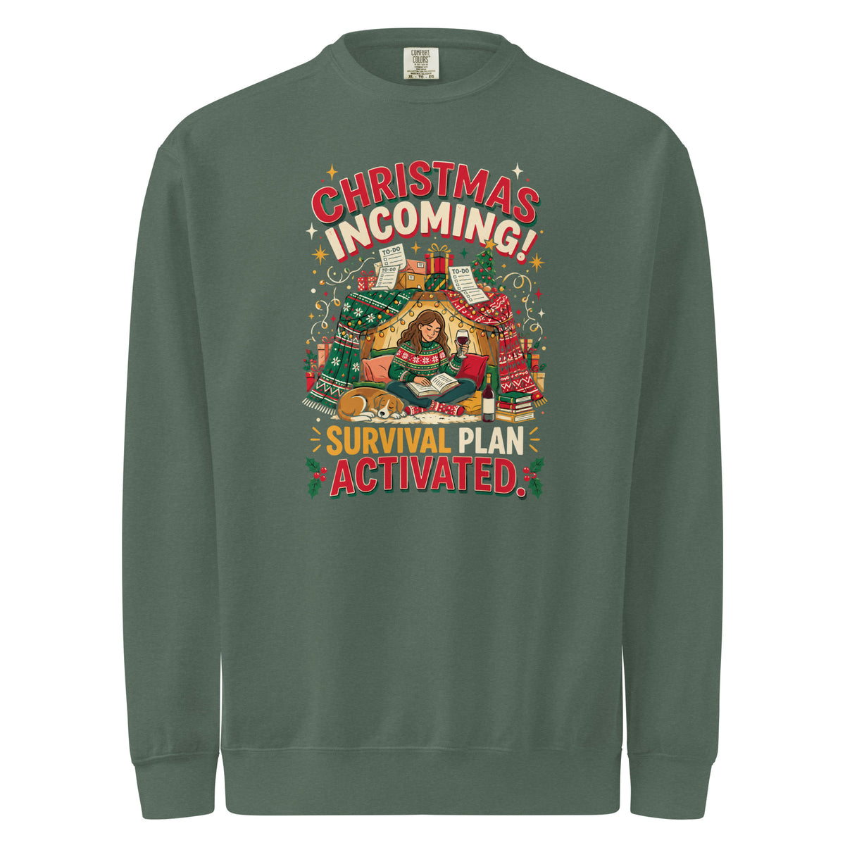 Christmas Incoming: Survival Plan Activated sweatshirt in Blue Spruce, front view of the printed design