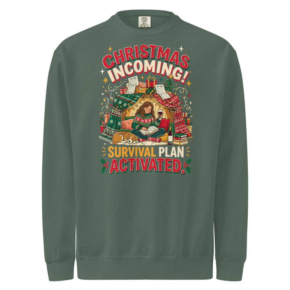 Christmas Incoming: Survival Plan Activated sweatshirt in Blue Spruce, front view of the printed design