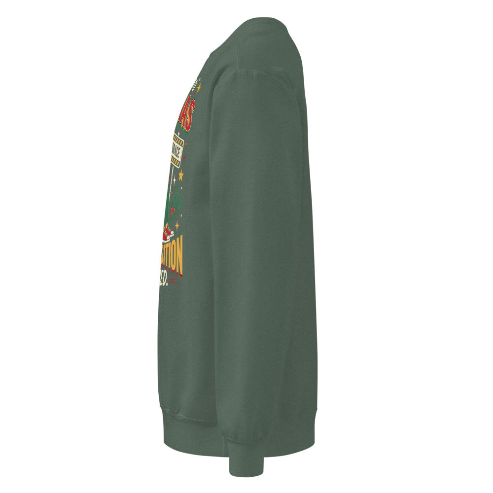 Christmas Countdown: Brace Position sweatshirt in Blue Spruce, left side view of the printed design