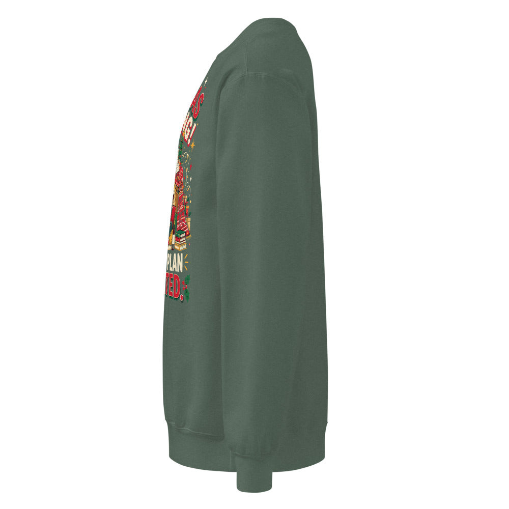 Christmas Incoming: Survival Plan Activated sweatshirt in Blue Spruce, left side view of the printed design