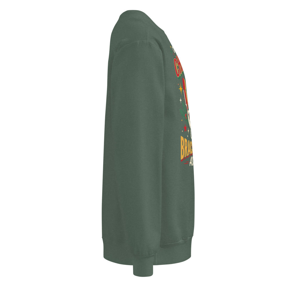Christmas Countdown: Brace Position sweatshirt in Blue Spruce, right side view of the printed design