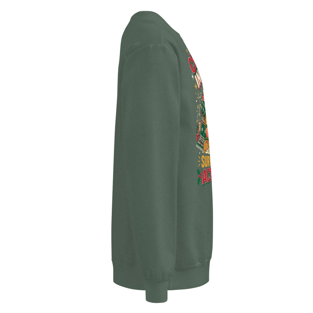 Christmas Incoming: Survival Plan Activated sweatshirt in Blue Spruce, right side view of the printed design