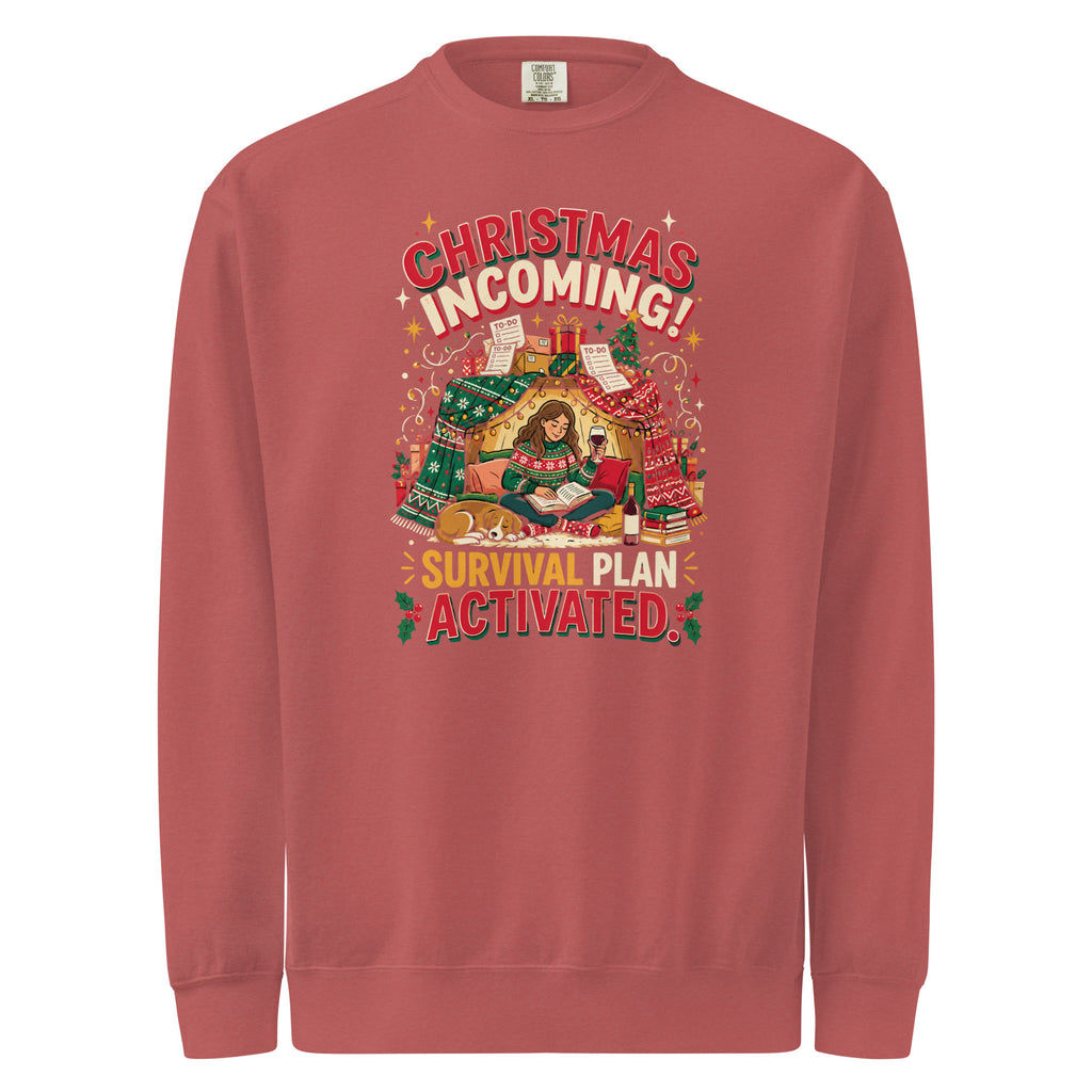 Christmas Incoming: Survival Plan Activated sweatshirt in Crimson, front view of the printed design