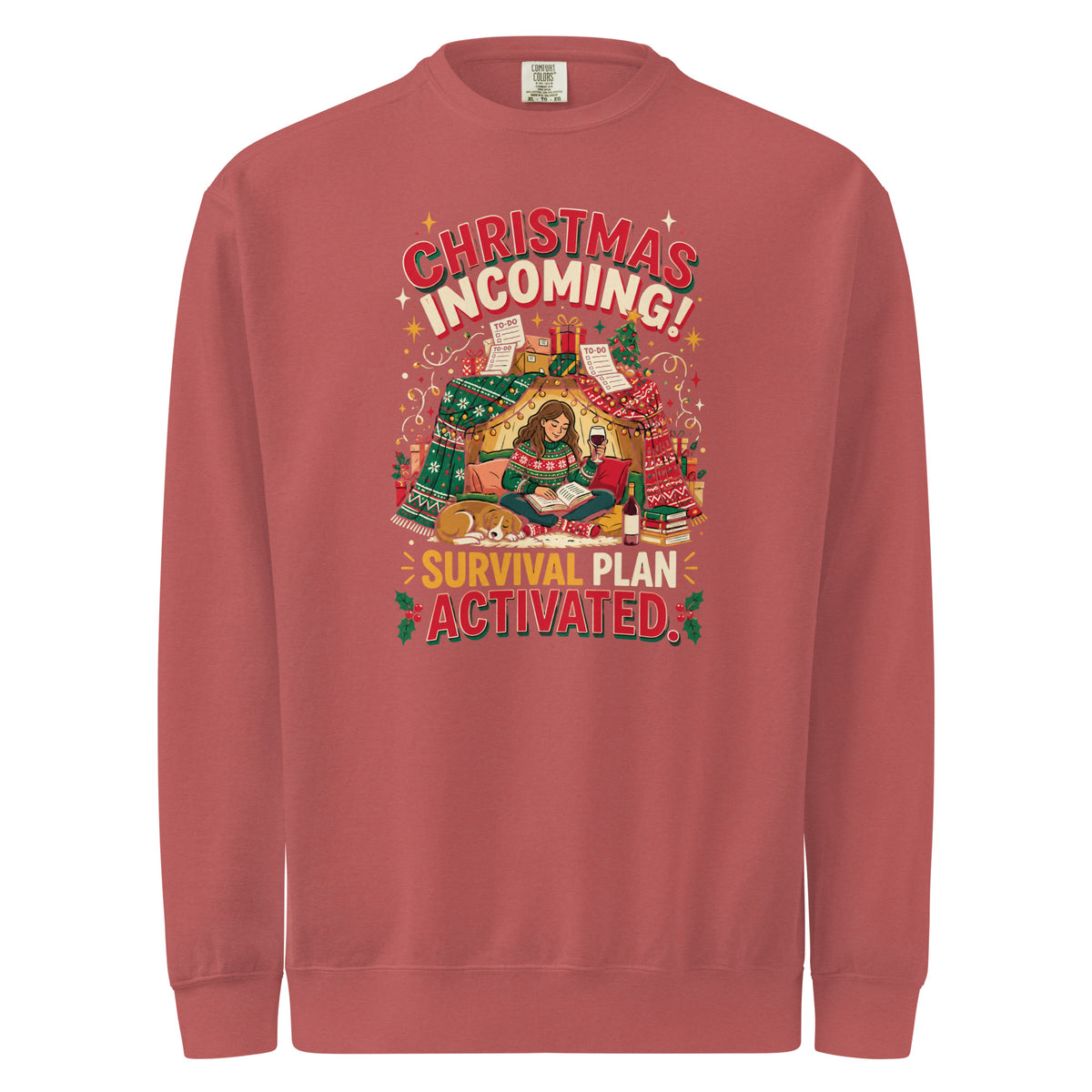 Christmas Incoming: Survival Plan Activated sweatshirt in Crimson, front view of the printed design