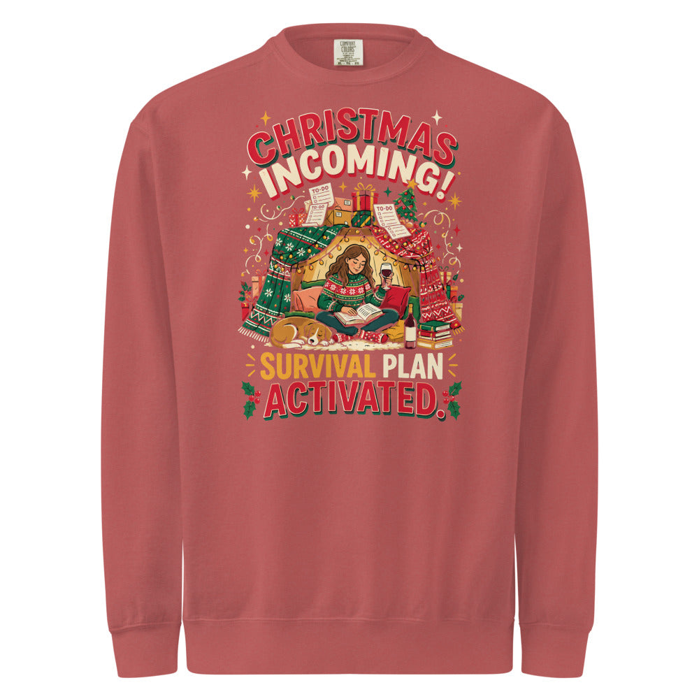 Christmas Incoming: Survival Plan Activated sweatshirt in Crimson, front view of the printed design