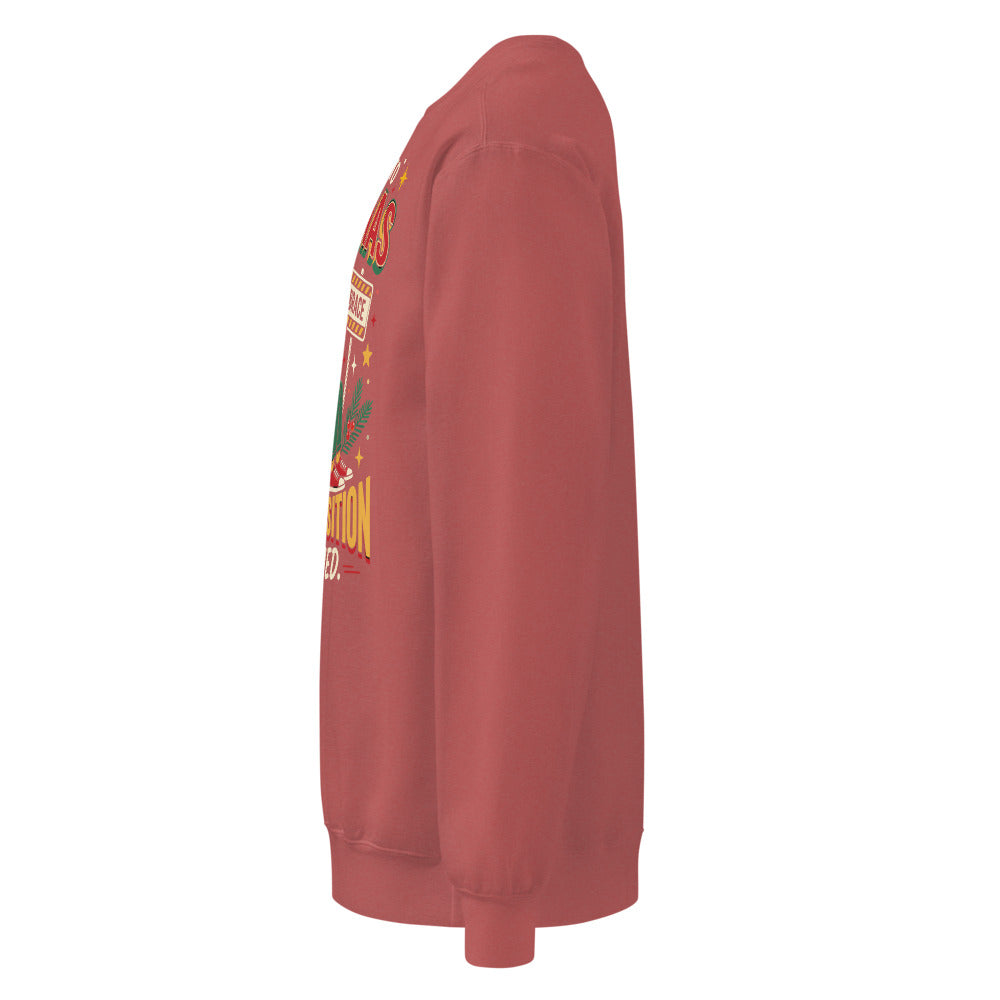 Christmas Countdown: Brace Position sweatshirt in Crimson, left side view of the printed design