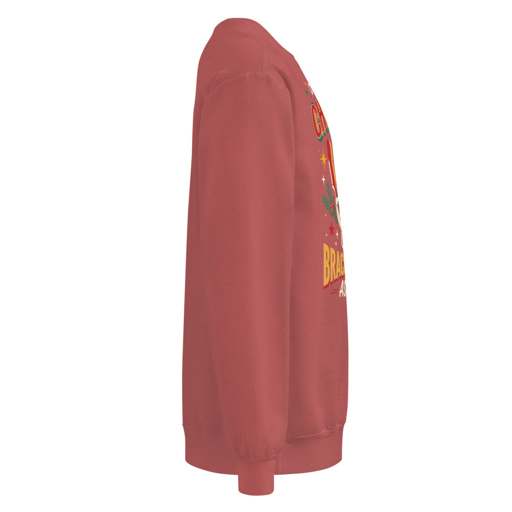 Christmas Countdown: Brace Position sweatshirt in Crimson, right side view of the printed design