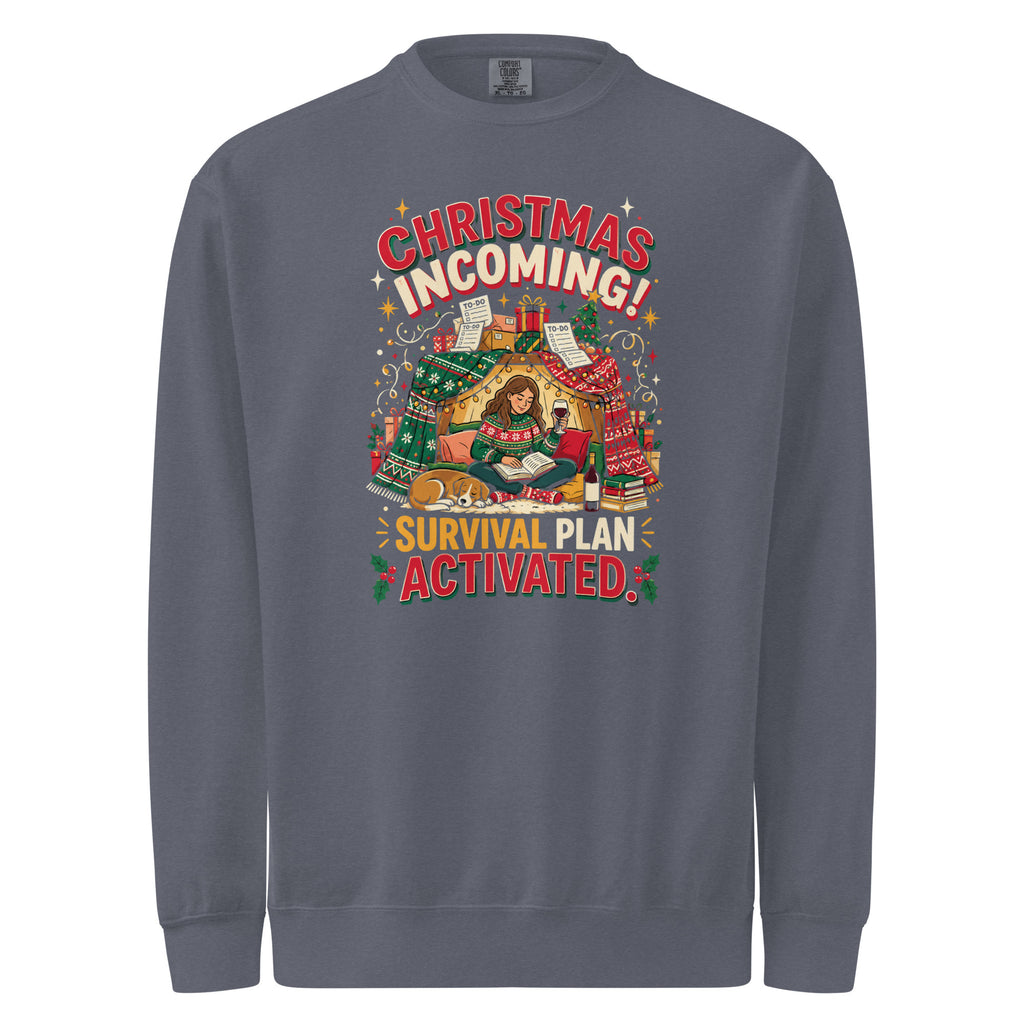 Christmas Incoming: Survival Plan Activated sweatshirt in Denim, front view of the printed design