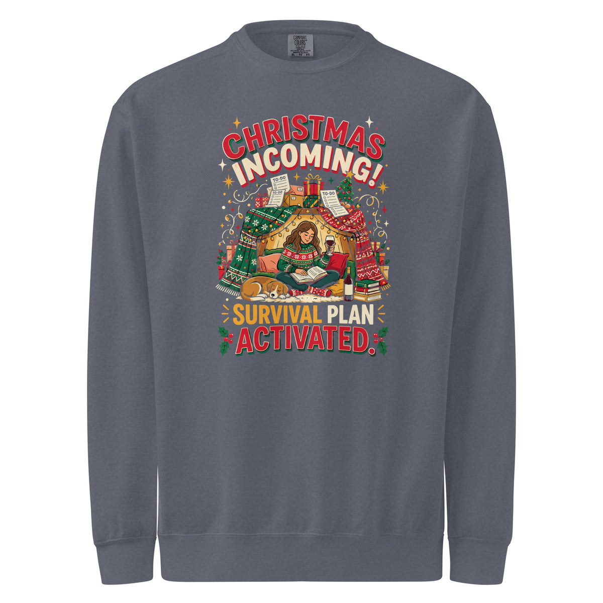 Christmas Incoming: Survival Plan Activated sweatshirt in Denim, front view of the printed design