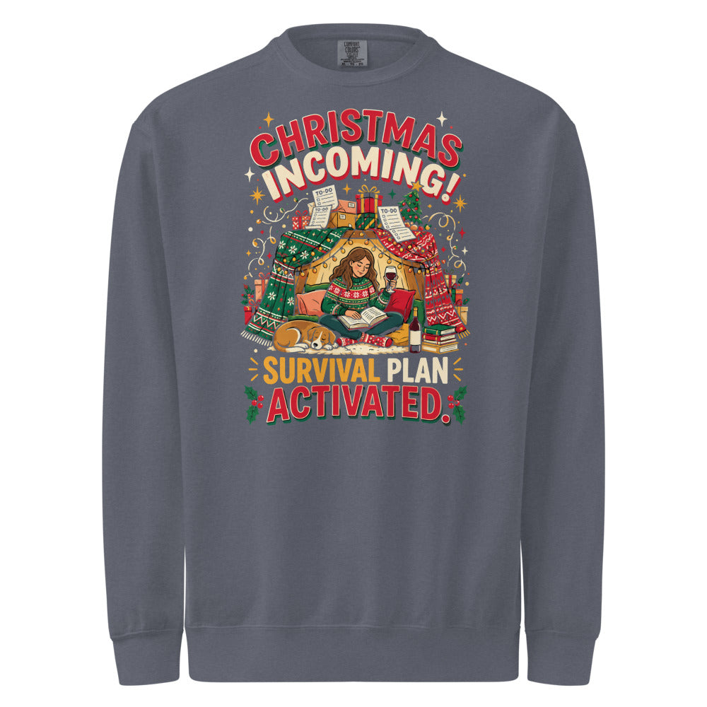 Christmas Incoming: Survival Plan Activated sweatshirt in Denim, front view of the printed design