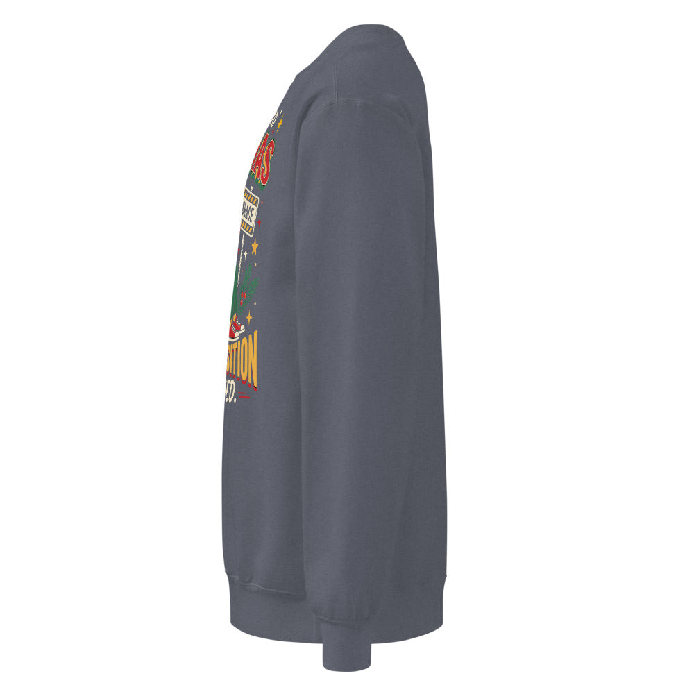 Christmas Countdown: Brace Position sweatshirt in Denim, left side view of the printed design