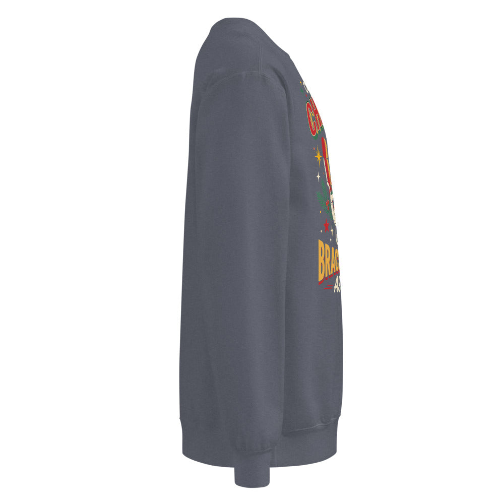 Christmas Countdown: Brace Position sweatshirt in Denim, right side view of the printed design