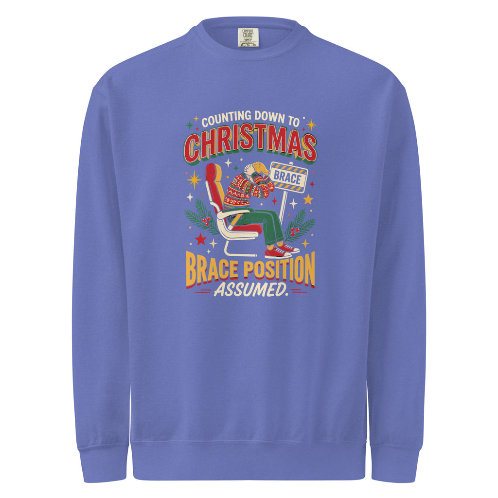 Christmas Countdown: Brace Position sweatshirt in Flo Blue, front view of the printed design