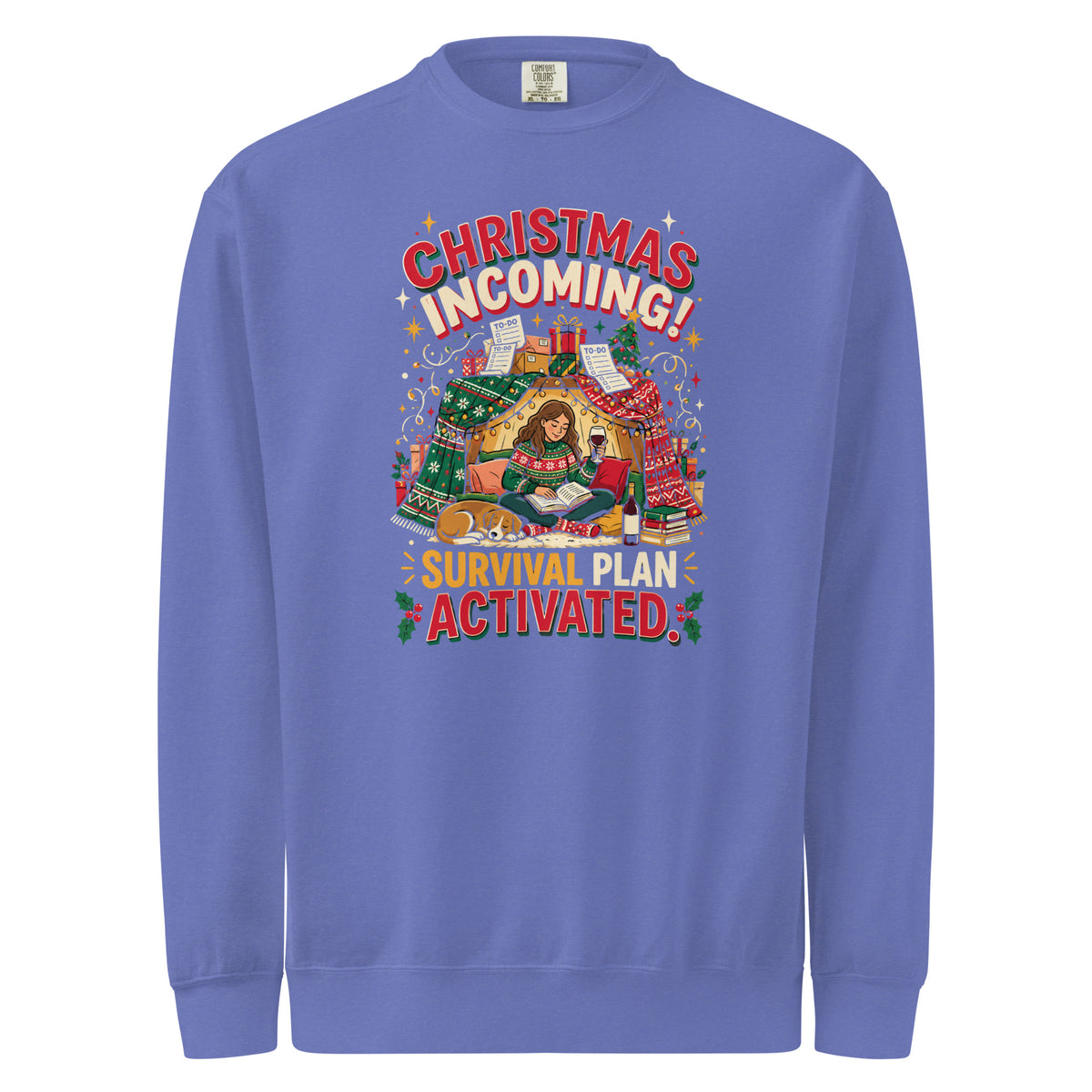 Christmas Incoming: Survival Plan Activated sweatshirt in Flo Blue, front view of the printed design