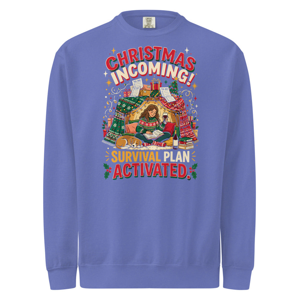 Christmas Incoming: Survival Plan Activated sweatshirt in Flo Blue, front view of the printed design