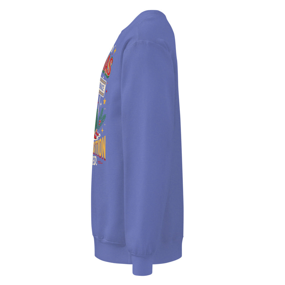 Christmas Countdown: Brace Position sweatshirt in Flo Blue, left side view of the printed design