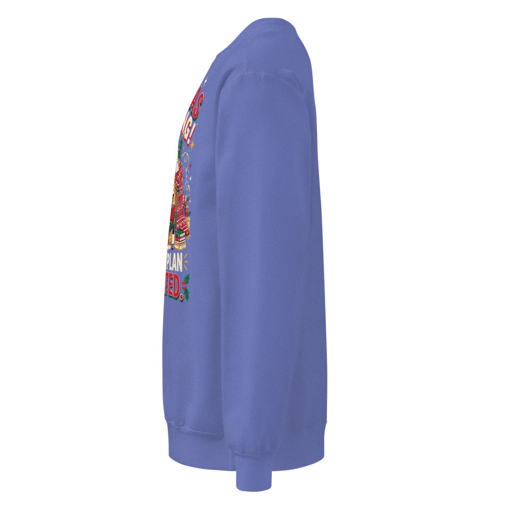 Christmas Incoming: Survival Plan Activated sweatshirt in Flo Blue, left side view of the printed design