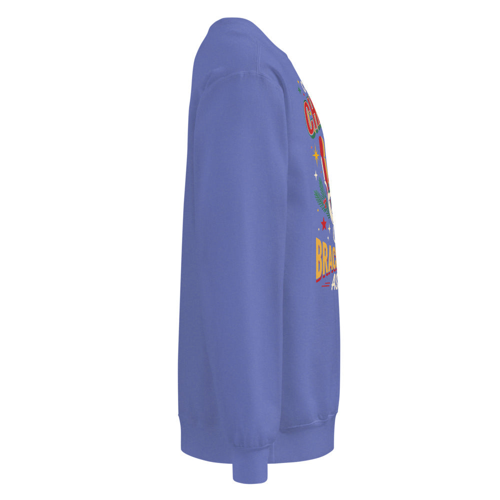 Christmas Countdown: Brace Position sweatshirt in Flo Blue, right side view of the printed design