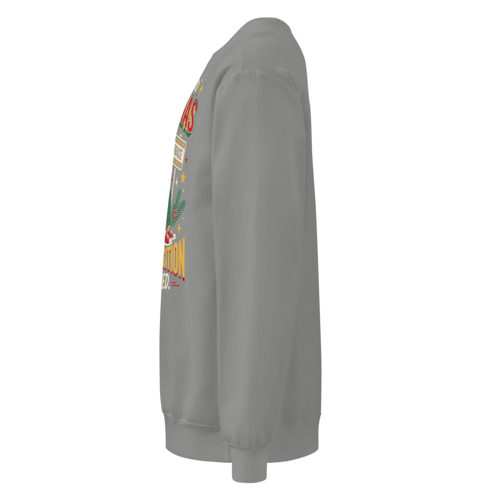 Christmas Countdown: Brace Position sweatshirt in Grey, left side view of the printed design