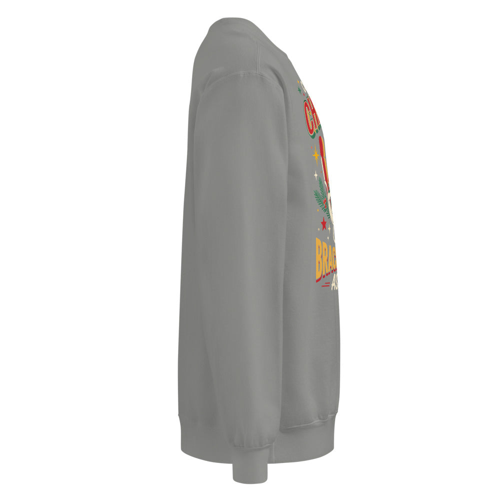 Christmas Countdown: Brace Position sweatshirt in Grey, right side view of the printed design