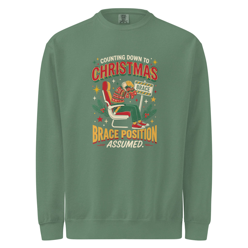 Christmas Countdown: Brace Position sweatshirt in Light Green, front view of the printed design