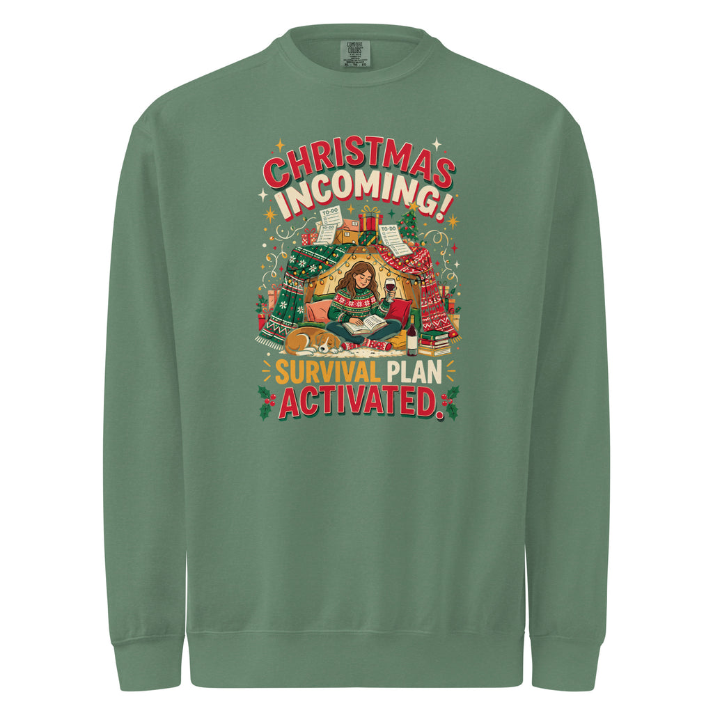 Christmas Incoming: Survival Plan Activated sweatshirt in Light Green, front view of the printed design