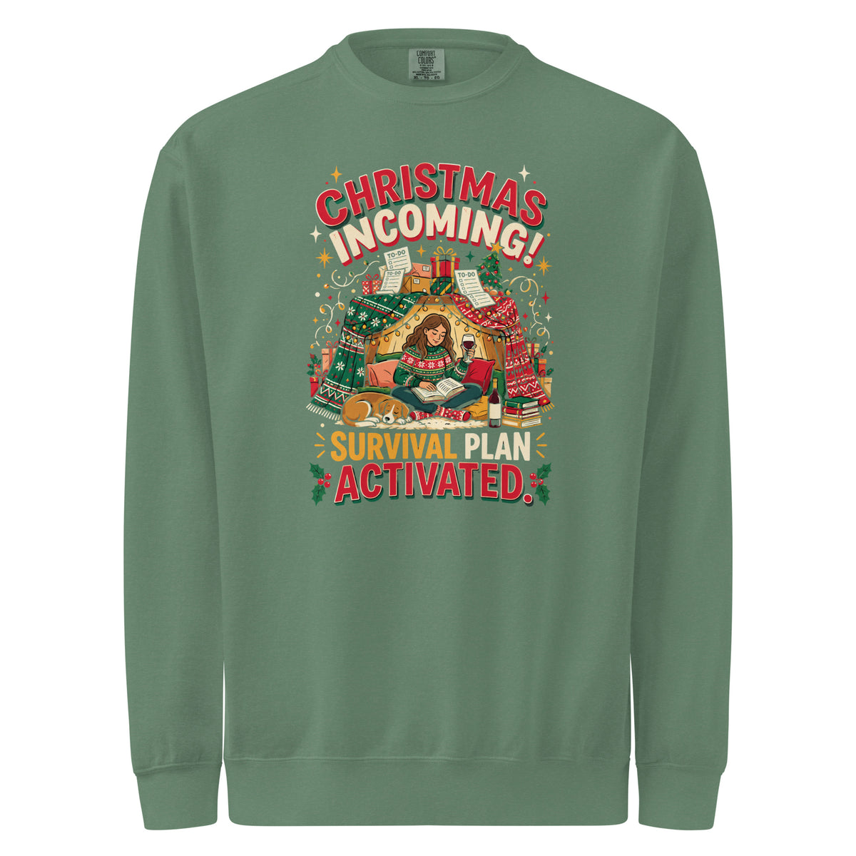 Christmas Incoming: Survival Plan Activated sweatshirt in Light Green, front view of the printed design