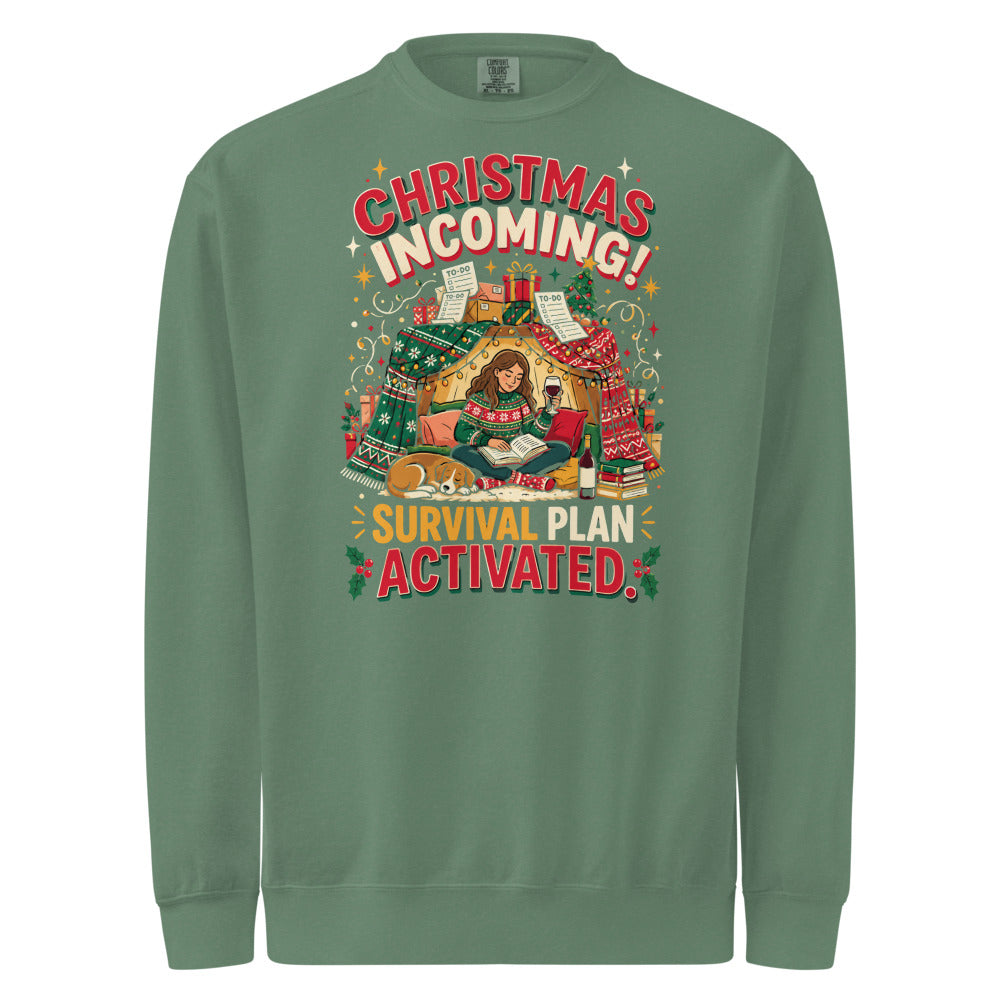 Christmas Incoming: Survival Plan Activated sweatshirt in Light Green, front view of the printed design
