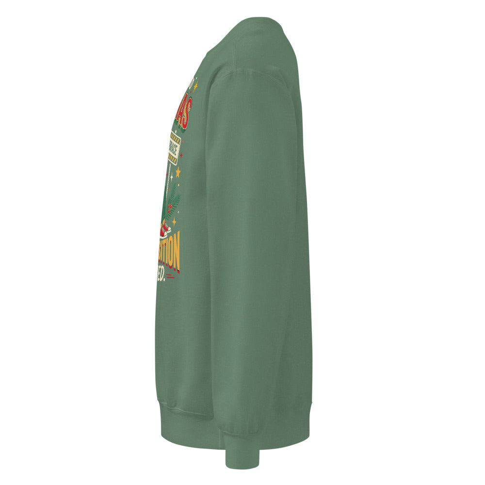 Christmas Countdown: Brace Position sweatshirt in Light Green, left side view of the printed design